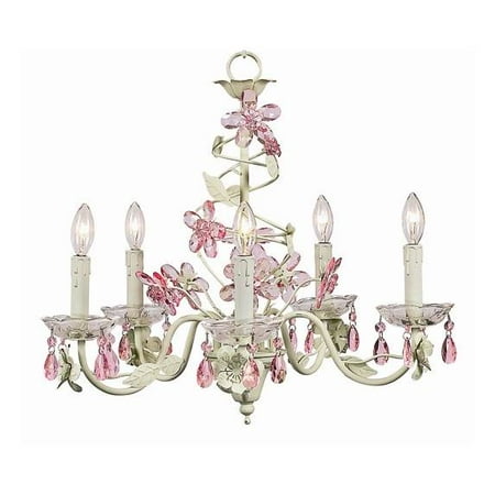 Green Crystal Chandelier - 5 Arm Chandelier - Crystal Flower - Soft Green & Pink