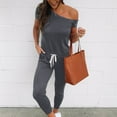 thumbnail image 4 of ZAZYULZ Pants Rompers for Women Women Off Shoulder Elastic Waist Beam Foot Jumpsuit Rompers Summer Casual Short Sleeve Loose Playsuit Pants With Pockets(Gray1,L), 4 of 5