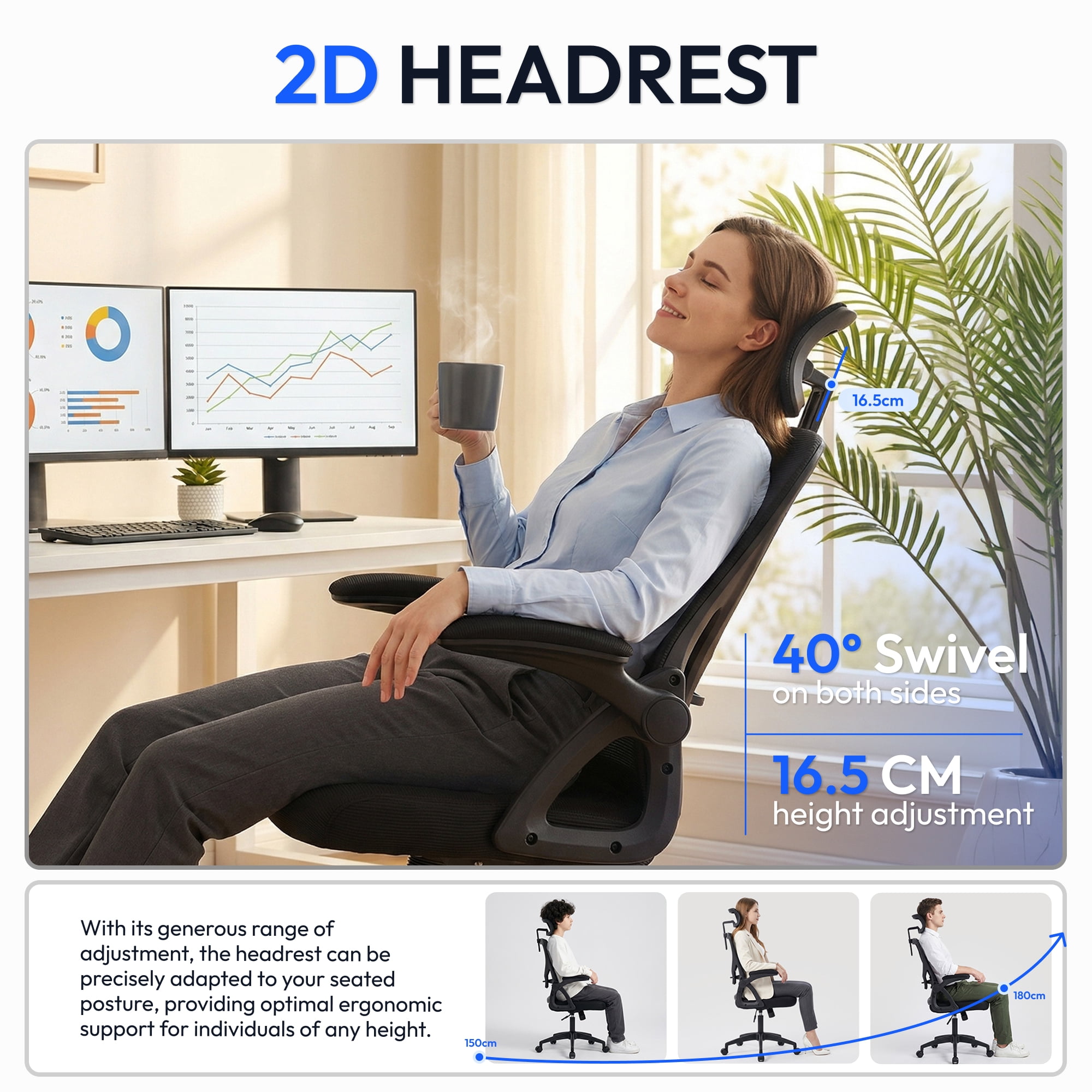 Ultifit Adult Farbic Adjustable Headrests and Adjustable Armrests Ergonomic Office Chairs Black 300lbs
