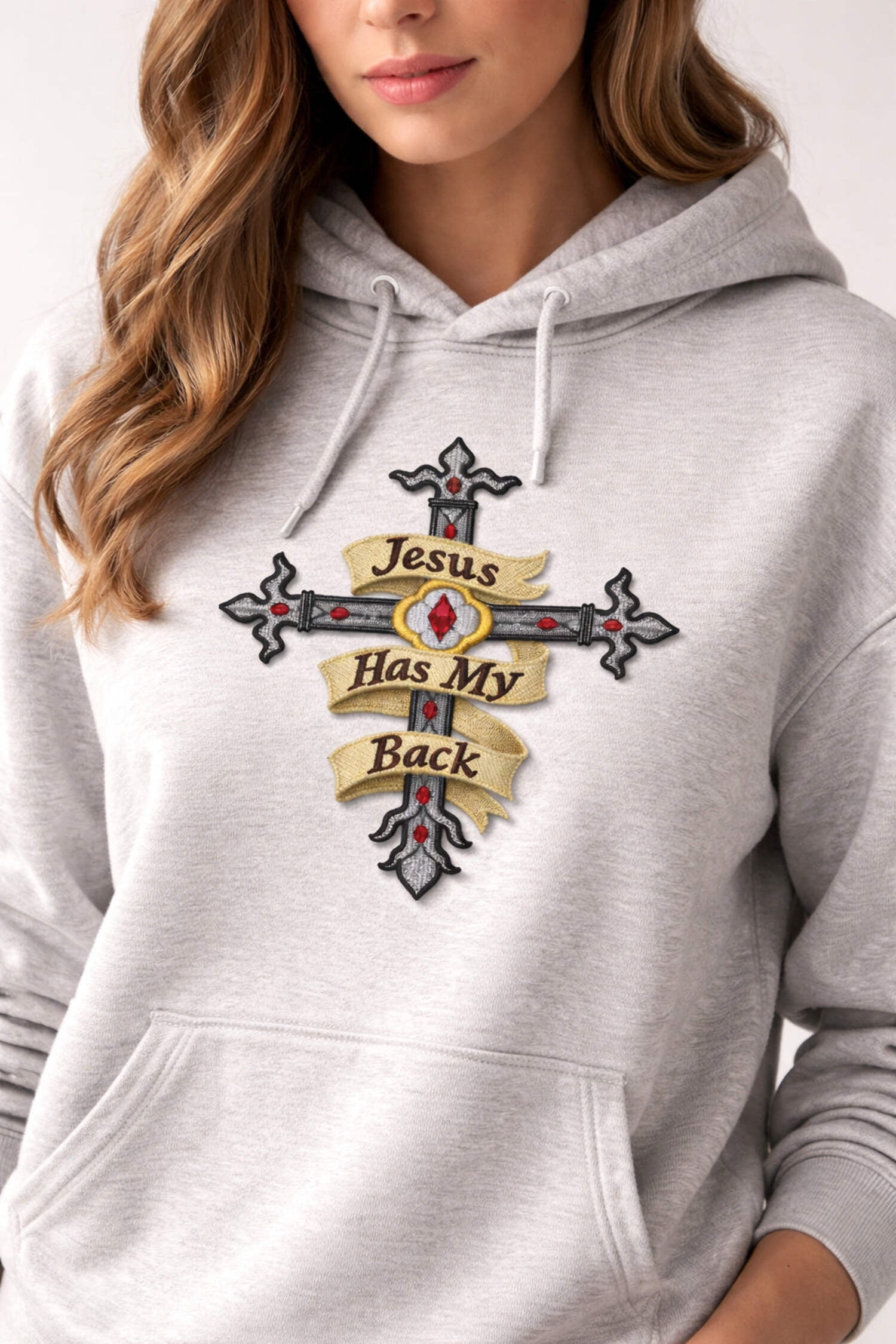 Holy Cross Jesus has My Back Embroidery Iron On/Sew Patch [6.5" x 4.87"]