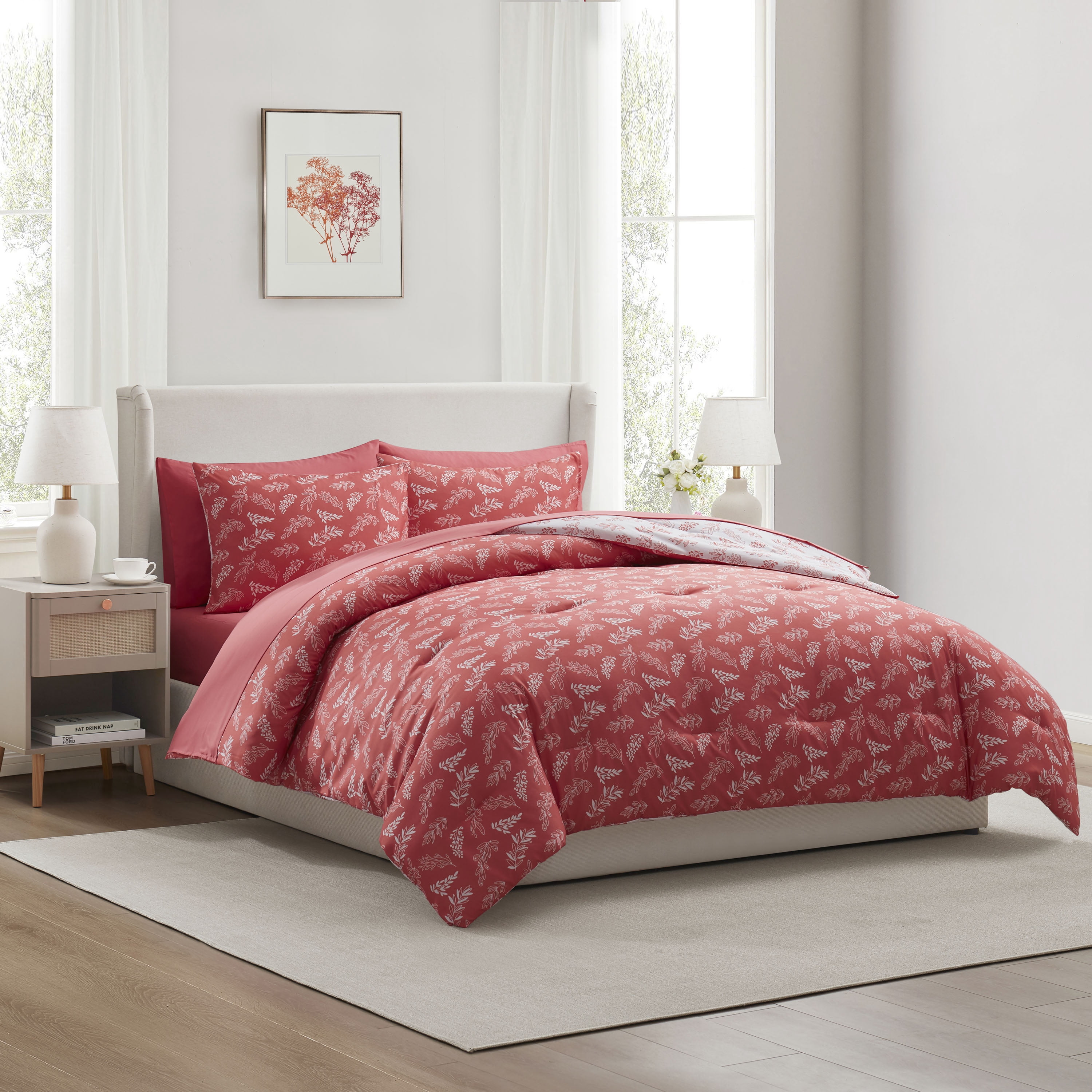 LammaLoe King Size Comforter Set, 7 Piece Botanical Bed in a Bag , Reversible Bedding Comforter Set with Sheets, Modern Bed Set, Flamingo Pink/Cloudstone