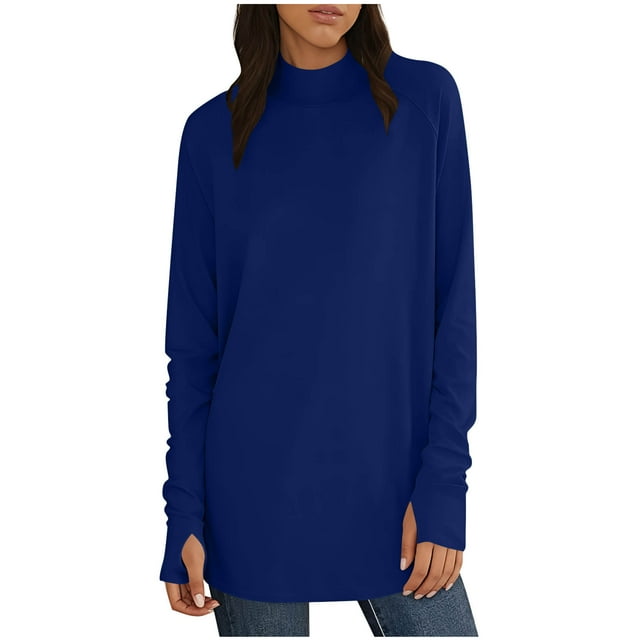 TaTaai Long Sleeve Thumb Hole High Neck Top, Women's Spring Solid Color T-Shirt, Light Stretch Design, Ideal for Spring Summer Fall Daily Wear Gift