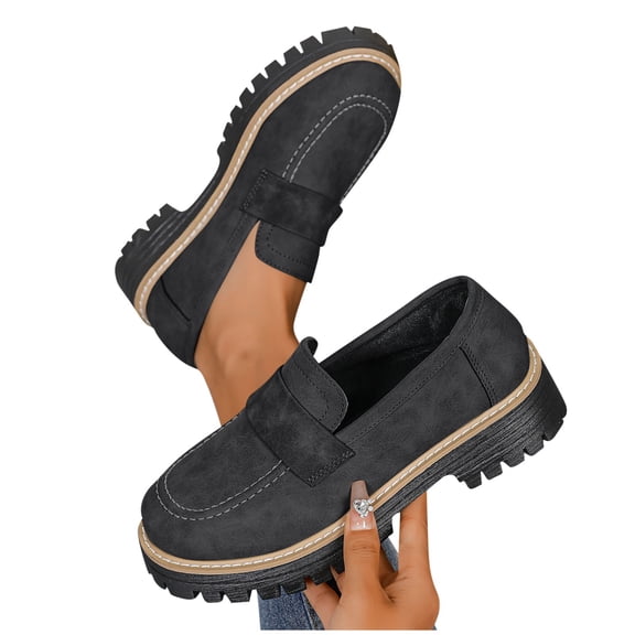 Business Casual Shoes Women's Fashion Casual Frosted Round Head Thick Heel Thick Bottom Loafers Mid Heel Shoes Women Chunky Solid Color Slip-On Loafers Classic Round Toe Formal Work Shoes