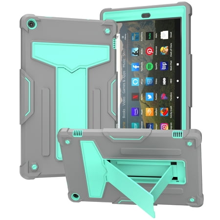 Dteck for Amazon Kindle Fire HD 10 inch Tablet Case 9th Generation 2019 Release 7th Generation 2017 Release with Kickstand, Heavy Duty Hybrid Rugged Shockproof Case, Gray + Mint