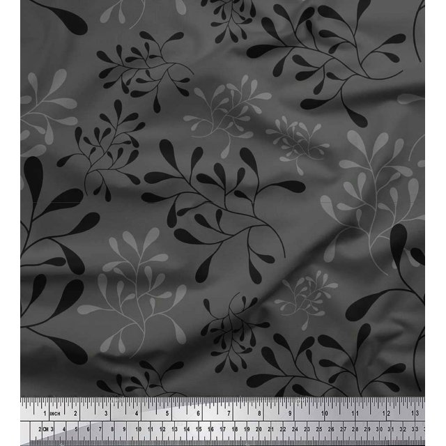 Soimoi Gray Poly Georgette Fabric Artistic Leaves Print Fabric by Yard 52 Inch Wide