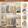 thumbnail image 2 of Homieasy 58" - 90" W Closet System, Large Walk in Closet Organizer with 3 Hanging Rods and Shelves, Heavy Duty Wood Closet Wardrobe with 2 Drawers and Shoe Rack, Reversible Clothing Rack, White Oak, 2 of 7