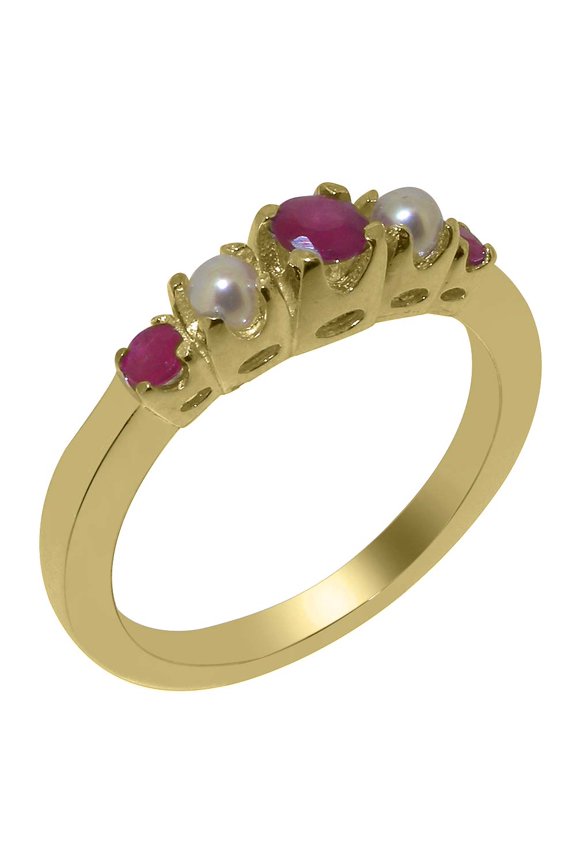 LBG British Made 18k Yellow Gold Natural Ruby & Cultured Pearl Womens band Ring - 33 size options - Size 5