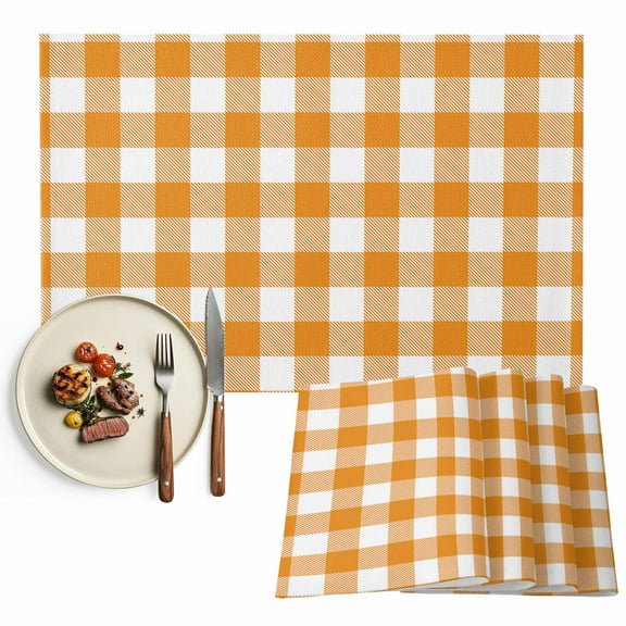 Placemats Set of 4, Orange Buffalo Check Plaid Place Mats Farmhouse Style Tablemats Washable Placemat Table Decoration for Kitchen Table Dinner Party Home Decor Indoor Outdoor 13x19 Inch
