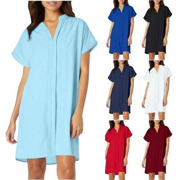 Ashirexll Womens Summer Dresses, Casual Dresses for Women, Solid Color Short Sleeve V-Neck Light Mature Loose Dress