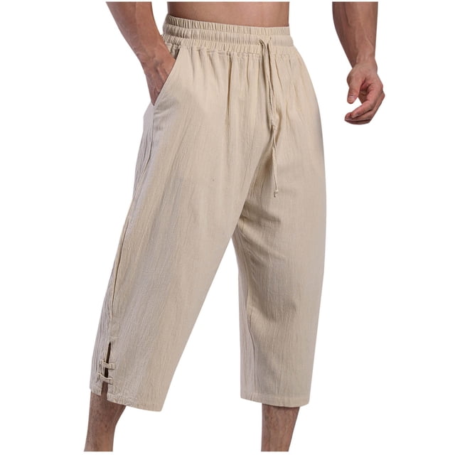 Pantalones largos de moda para hombre, casuales, de color sólido, con bolsillos, elásticos, deportivos, de lino y algodón.