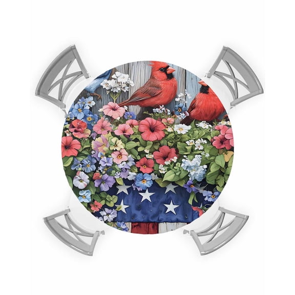 nqOlkjepod Red Blue Flower Round Tablecloth, Fitted Table Cover with Elastic for 55"-60" Round Tables, Patriotic Poppy Bird Stars Stripes Flag Table Cloth Dinning Party Waterproof Tablecloths