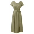 thumbnail image 5 of HIBRO Women Fashion Elegant V Neck Solid Color Swing Dress Loose Belt Waist Plus Size Dress, 5 of 5