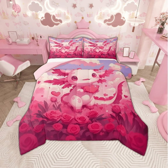 Erosebridal Cute Axolotl Bedding Twin Comforter Set, Kawaii Heart Rose Down Comforter, Room Decor, 2pcs