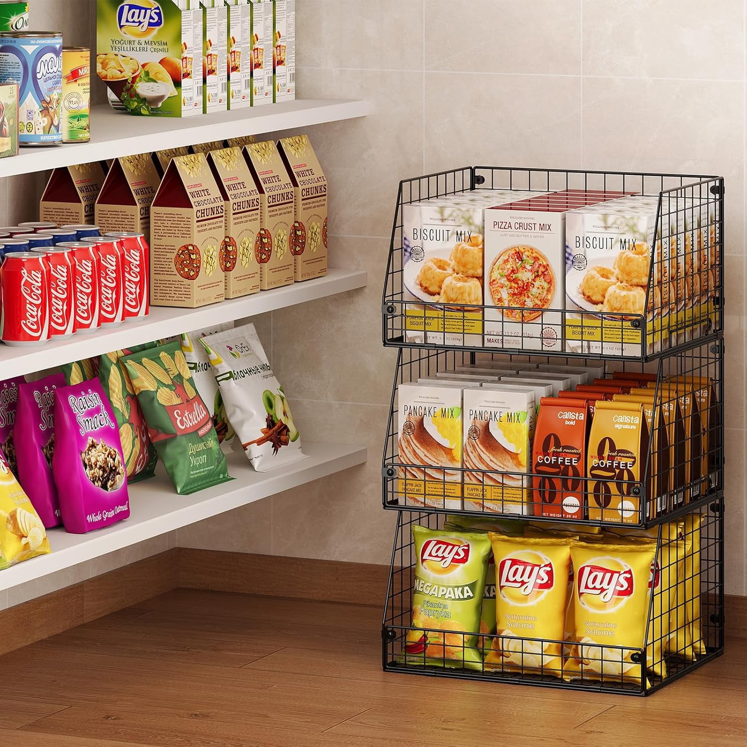 X-COSRACK 3-Pack XXL Stackable Wire Baskets, Foldable Metal Pantry Organizers & Storage Bins for Potato, Onion and Fruit, Black
