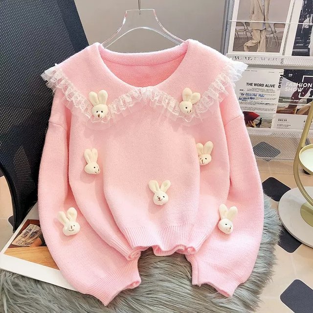 Sweet Women Sweater Cartoon Rabbits Lace Patchwork Peter Pan Collar Pullover Preppy Style Loose Knit Tops Female Jumper FGS