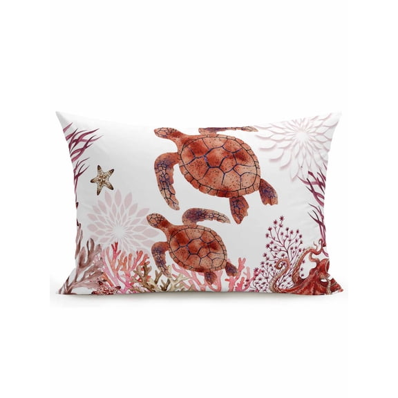 1 Pack Outdoor Throw Pillow, Ocean Red Turtles Waterproof Pillow with Insert Included, Coastal Coral Nautical Seagrass Flowers Decorative Accent Cushion Lumbar Pillows for Patio Porch, 12 x 20 In