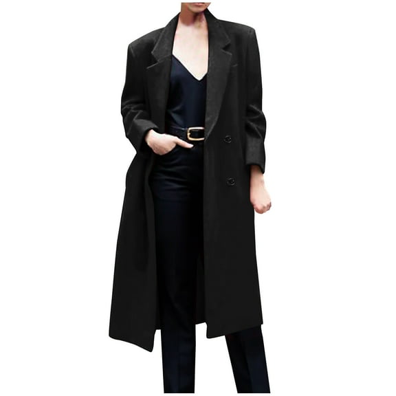 qolati Women's Long Single Breasted Wool Blends Coat Winter Notched Lapel Collar Peacoat Fall Winter Business Work Long Trench Coat Outwear