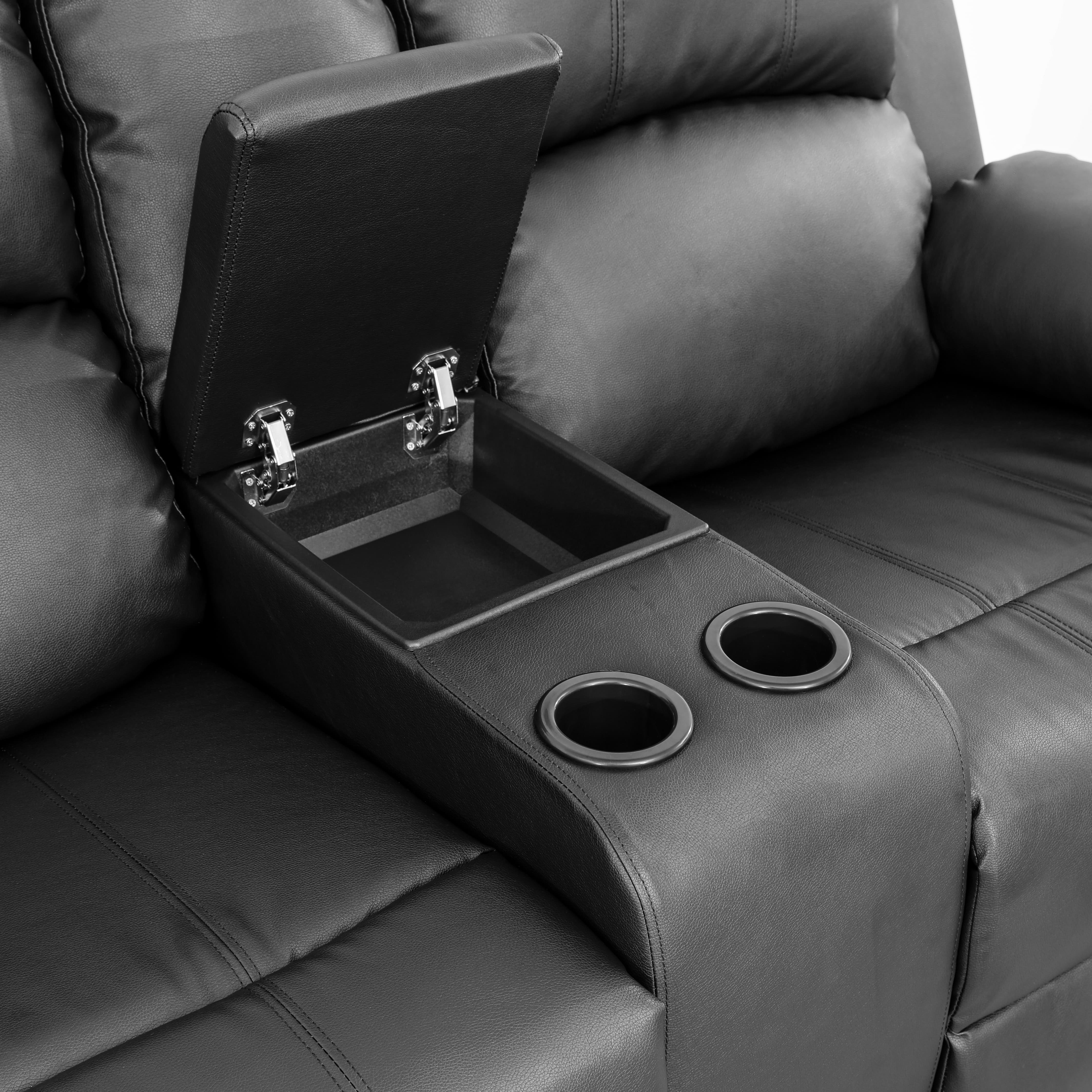 MAYEERTY Power Recliner Sofa, Breathable Leather Reclining Loveseat Sofa with Storage & Reversible Table for Living Room, Black
