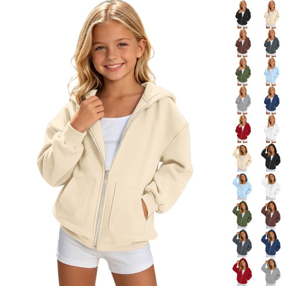 Bmisegm Stylish Girls Zip Up Hoodie For Casual Wear Soft Full Zip With Front Pockets And Cozy Comfort Tops,02_Beige,14-15 Years