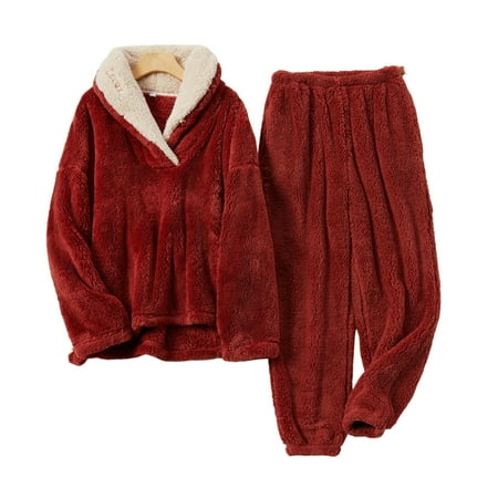 

PERZOE Pajamas Set 2Pcs/Set Winter Pajamas Set Solid Color Loose Long Sleeves Pullover Elastic Waist Cold-proof Hooded Casual Winter Homewear Suit for Sleeping