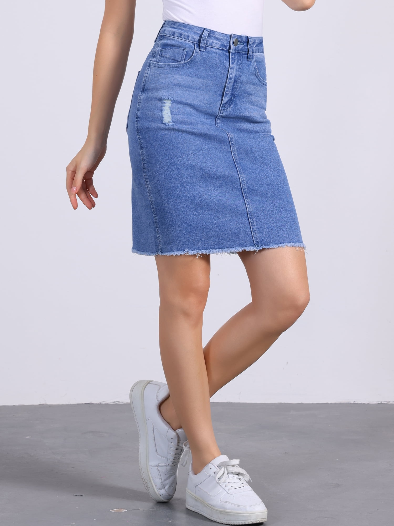 DARING DIVA Women's Basic High Waist Ripped Hem Washed Denim Skirt L Bright Blue