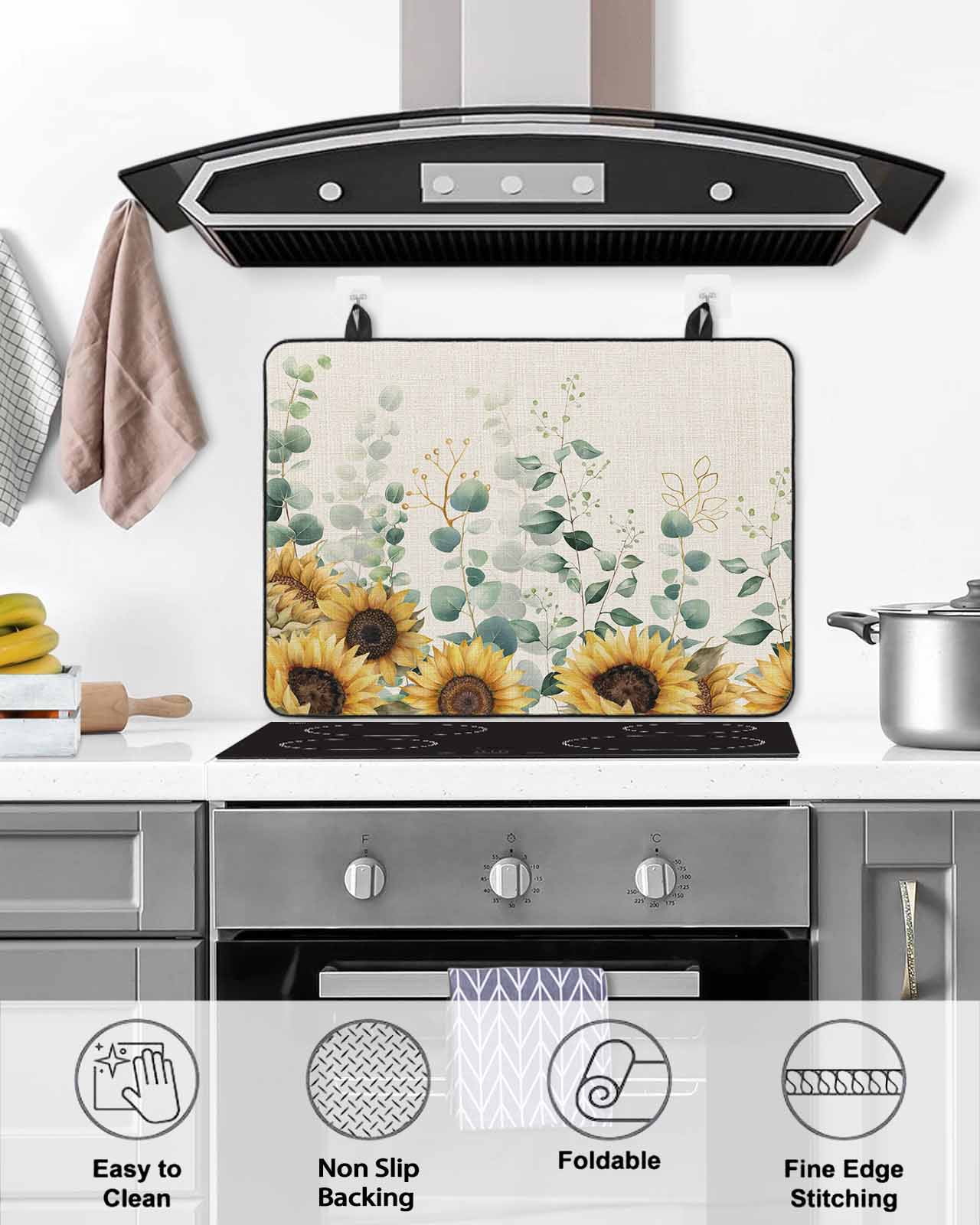 Large Induction Cooktop Protector Mat Sunflower Stove Top Covers for Electric Stove, Yellow Floral Pastoral Botanical Leaves Rustic Decorative Stove Burner Cover Mats, Glass Top Stove Cover