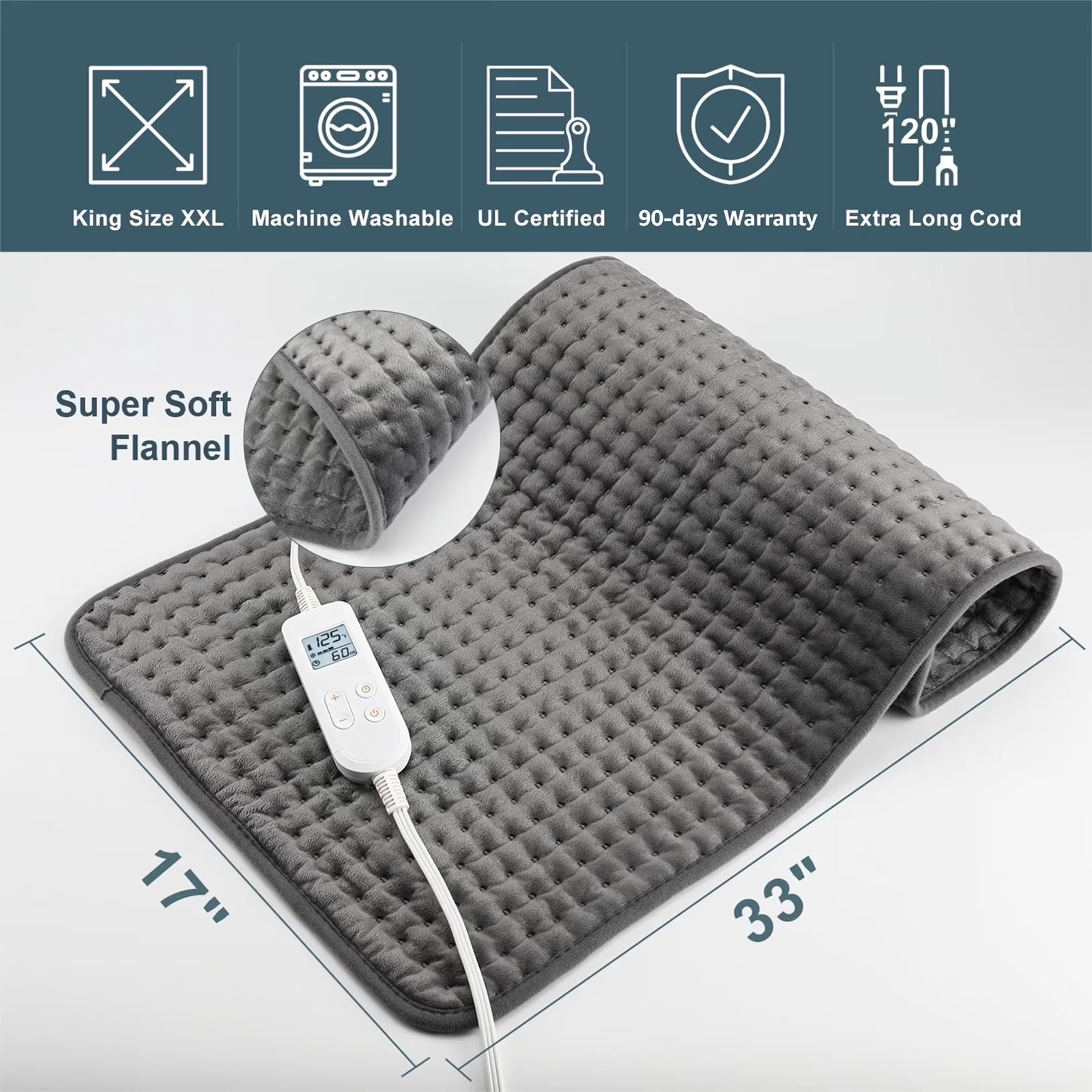 TCVOR Extra Large Heating Pad for Deep Heat and Comfort, 17" x 33" Super Soft Flannel Electric Heating Pad with 6 Heat Settings, 6 Timer Auto Shut Off, Machine Washable