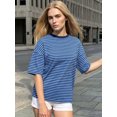 thumbnail image 5 of LMLYSoH Women's Summer T-Shirt Casual Loose Fit Stylish Striped Crew Neck Short Sleeve Drop Shoulder Tops, 5 of 8