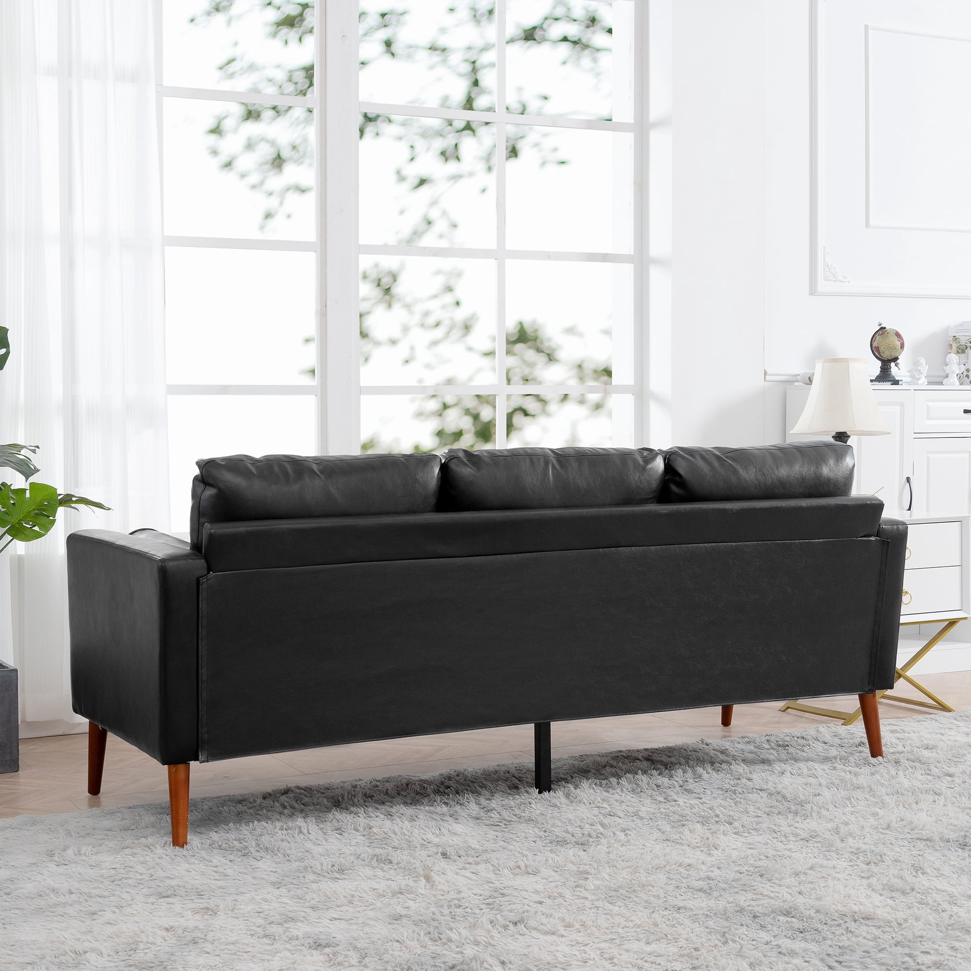 Hommoo PU Leather Sofa Couch, Modern 3 Seat Comfy Couches,Mid Century Adult Couch Soft Cushion Sofa for Living Room Home/Office/Apartment, Black