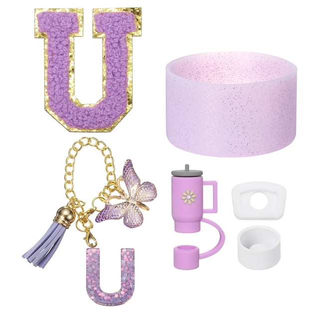 Juego de accesorios para taza Uxcell para vaso con mango, incluyendo cubierta de paja de silicona, bota, tapón a prueba de derrames, encanto de mango, etiqueta inicial U