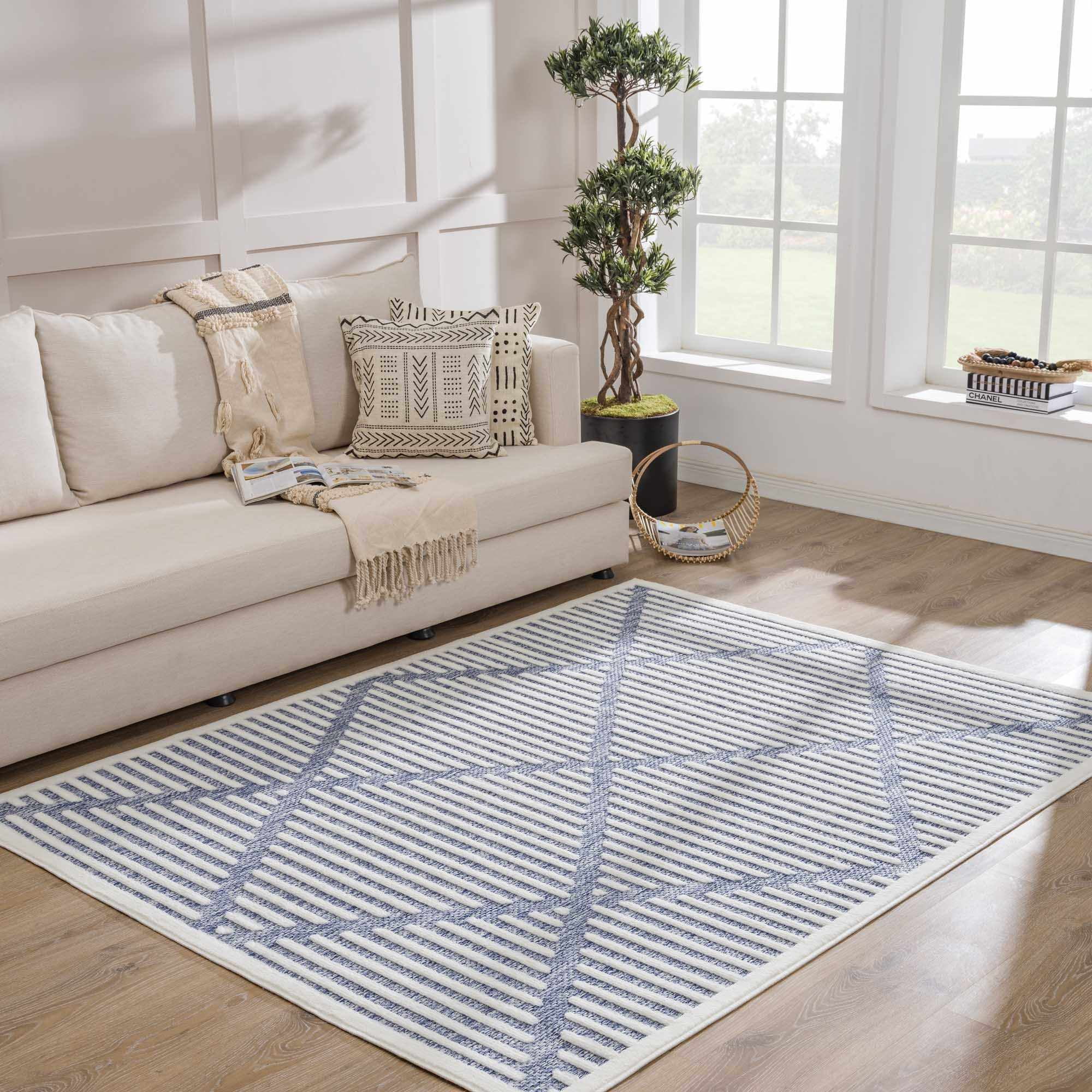 Hauteloom Anah Moroccan Geometric Area Rug - Outdoor Safe - Striped Diamond Performance Carpet for Porch, Patio, Living Room - High Traffic Rug - Blue and White - 7'10" x 10' (8x10 Area Rug)