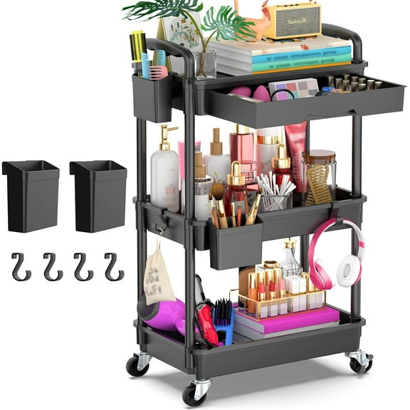 3-Tier Black Rolling Utility Cart - Hot Deal! Removable Drawer & 2 Lockable Wheels for Kitchen, Baby Essentials & Craft