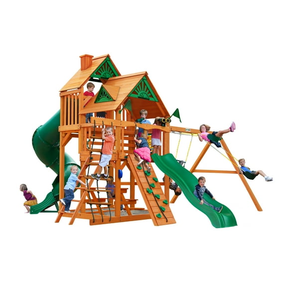 Gorilla Playsets Great Skye I Wooden Swing Set with 2 Slides, Rock Climbing Wall, and Rope Ladder