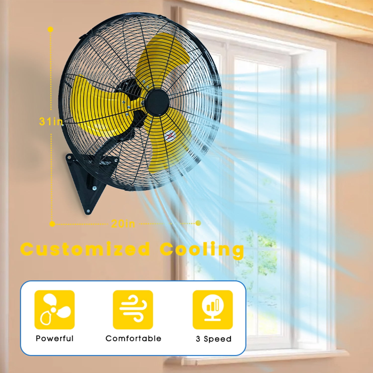 20in Wall Mount Fan, 3-Speed Industrial Wall Fan up to 7000CFM, 120°Oscillating High Airflow Cooling Fan for Garage,Home,Warehouse, Indoor/Outdoor Use, Yellow