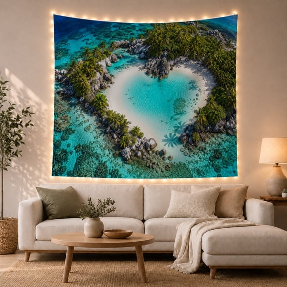 Aerial Tropical Lagoon with White Sand and Palm Trees, Serene Coastal Style for Beach Lovers, Lagoon Wall Art, Housewarming Gift, Tapestry Wall Hanging for Bedroom and Living Room