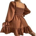 thumbnail image 4 of Femmes Mini A-Line Robe Sexy Manches Longues Cou Carré Volants Blouse Robes Unis Abricot XL, 4 of 5