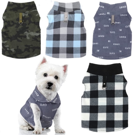 4 Pieces Winter Fabric Dog Sweater with Leash Ring Soft Fleece Vest Dog Clothes Plaid Camouflage Warm Puppy Dog Jacket Pullover Clothes for Small Dogs Cat Puppy Chihuahua