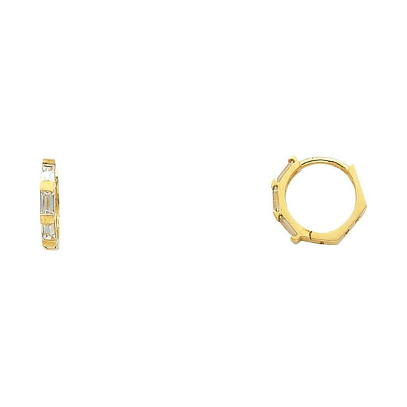Solid 14k Yellow Gold Small Huggie Hoop Earrings Huggies Round CZ Baguette Polished Fancy Tiny 10 mm
