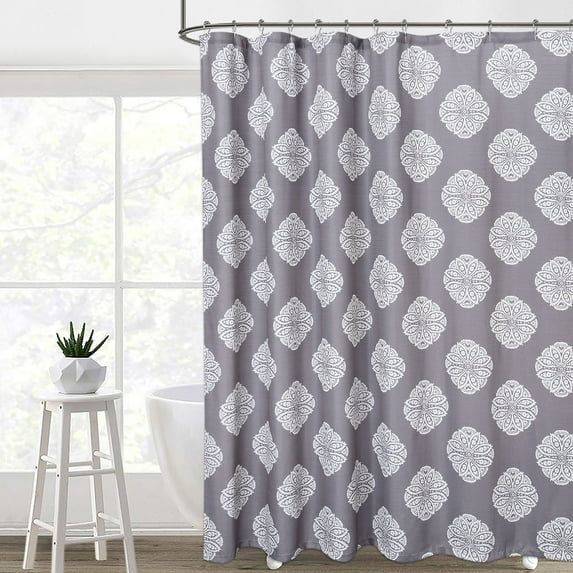 ZACOO 72"Wx72"L Gray Farmhouse Shower Curtain Decorative Medallion Damask Print Fabric Shower Curtains with Reinforced Buttonholes, 1 Set