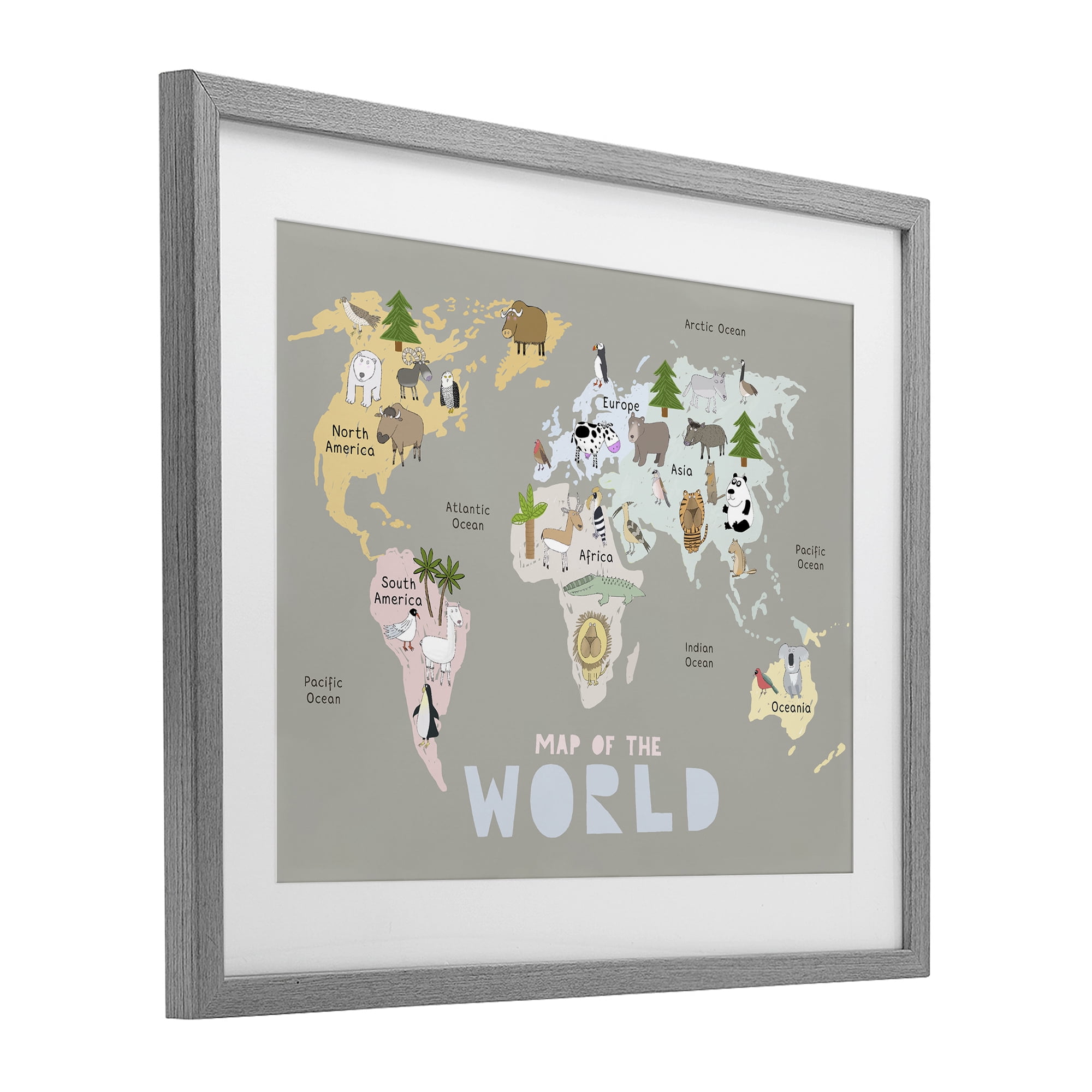Kid's Map Of World Grey Gray Framed Print Under Glass, design by Carla Daly