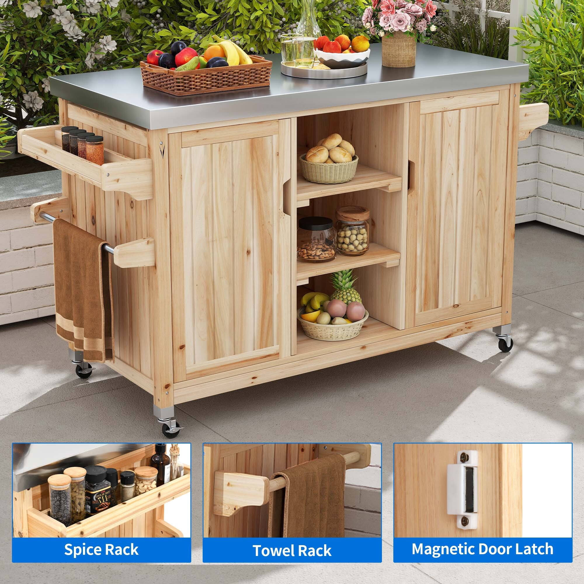 Uforic Outdoor Movable Grill Cart Storage Cabinet, MultiFunctional BBQ Grill Bar Cart, Bar, Prep Table, Rolling Kitchen Island