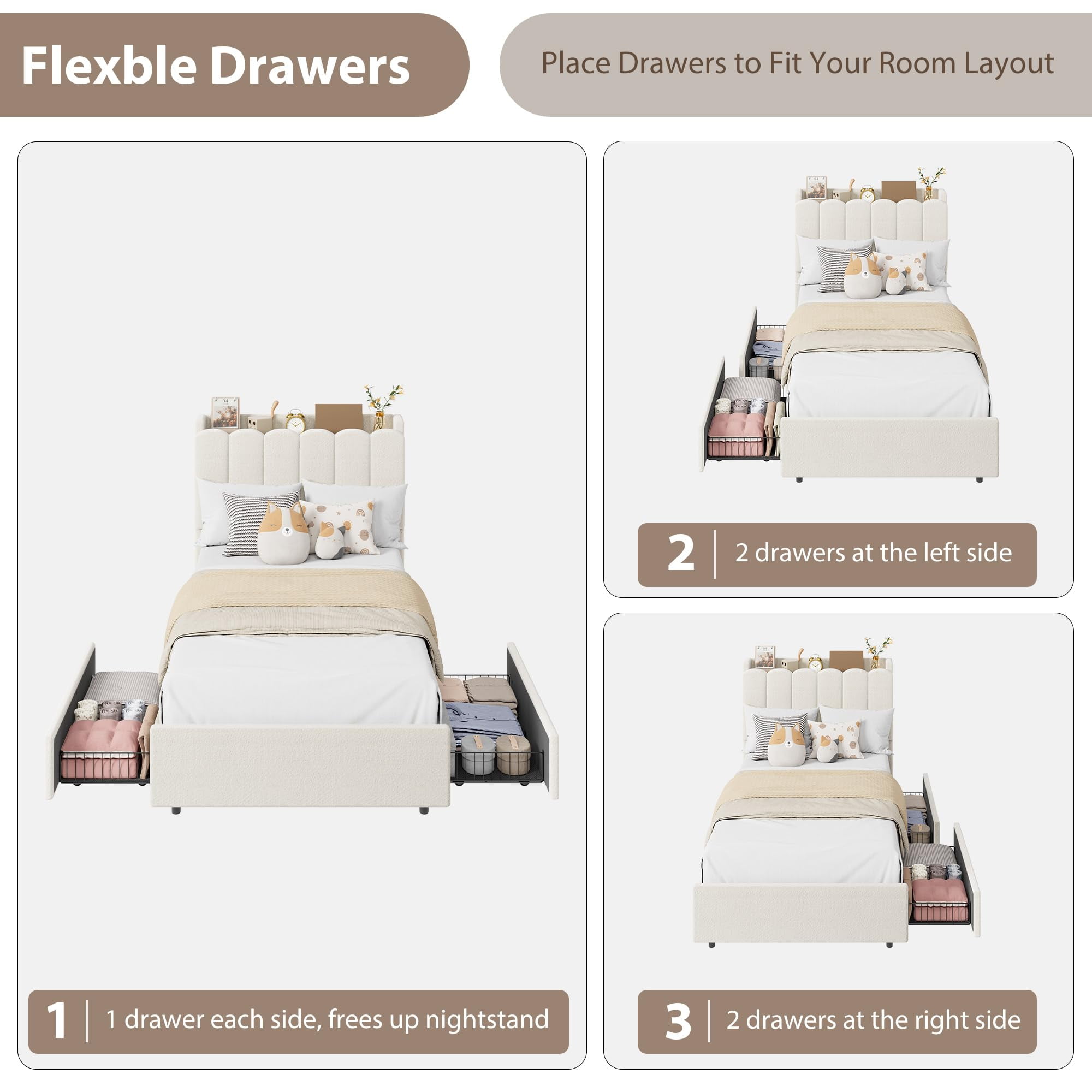 Bed Frame with 2 Storage Drawers, Upholstered Bed Frame Queen Size with LED Lights Headboard, No Box Spring Needed, Easy Assembly