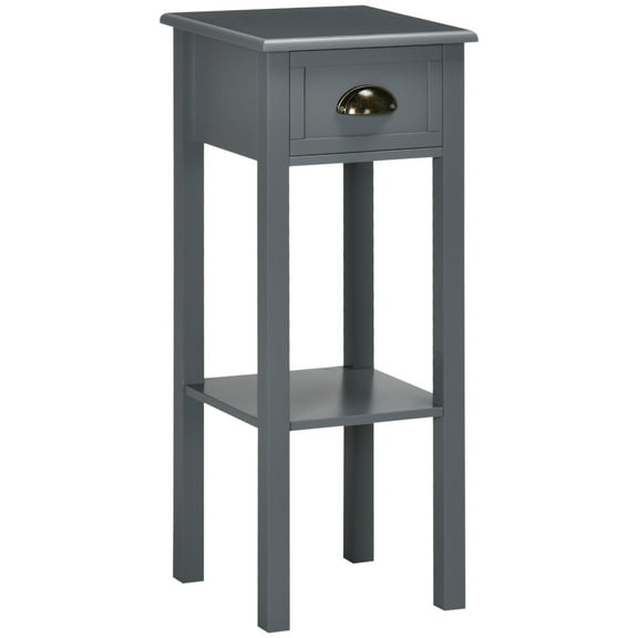 2-Tier Side Table with Drawer, Narrow End Table for Living Room or Bedroom, Gray