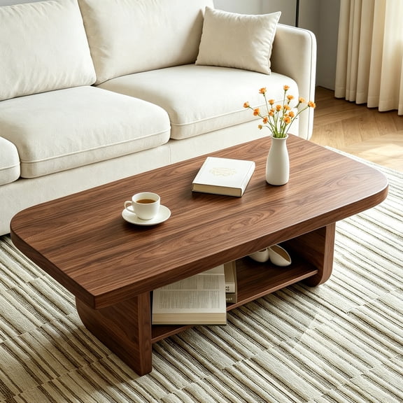 CasaBloom Walnut Coffee Table for Living Room, 47.24” Mid Century Modern Center Table with Storage Shelf Rustic 2 Tier Wood Coffee Table for Home Office
