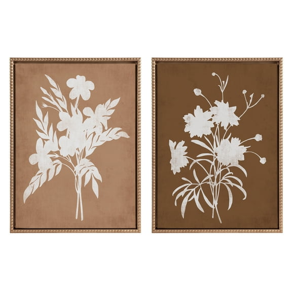 Kate and Laurel Sylvie Beaded Spring Floral Silhouette 2 Clay White and Spring Floral Silhouette 11 Bark White Framed Canvas Wall Art Set by Heather Dutton, 2 Piece Set 18x24 Gold, Botanical Wall Art
