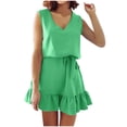 thumbnail image 2 of ClodeEU Women's Sleeveless V Neck Solid Color Dress ,Casual Summer Tiered Mini Dress With Belt Green,Womens Plus L, 2 of 6
