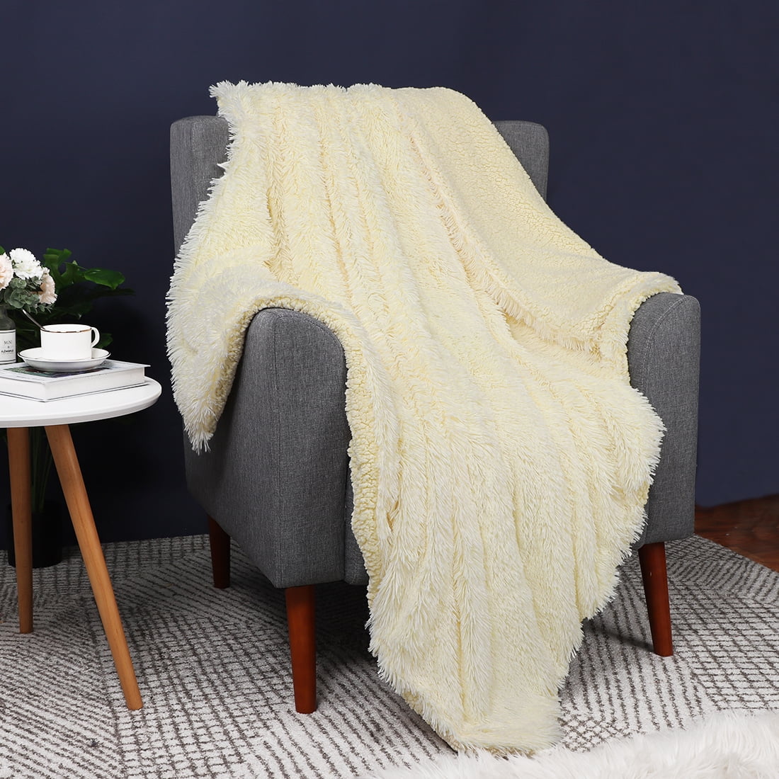 Unique Bargains Double-sided Fluffy Shaggy Faux Fur Blanket Cream Twin(60" x 80")