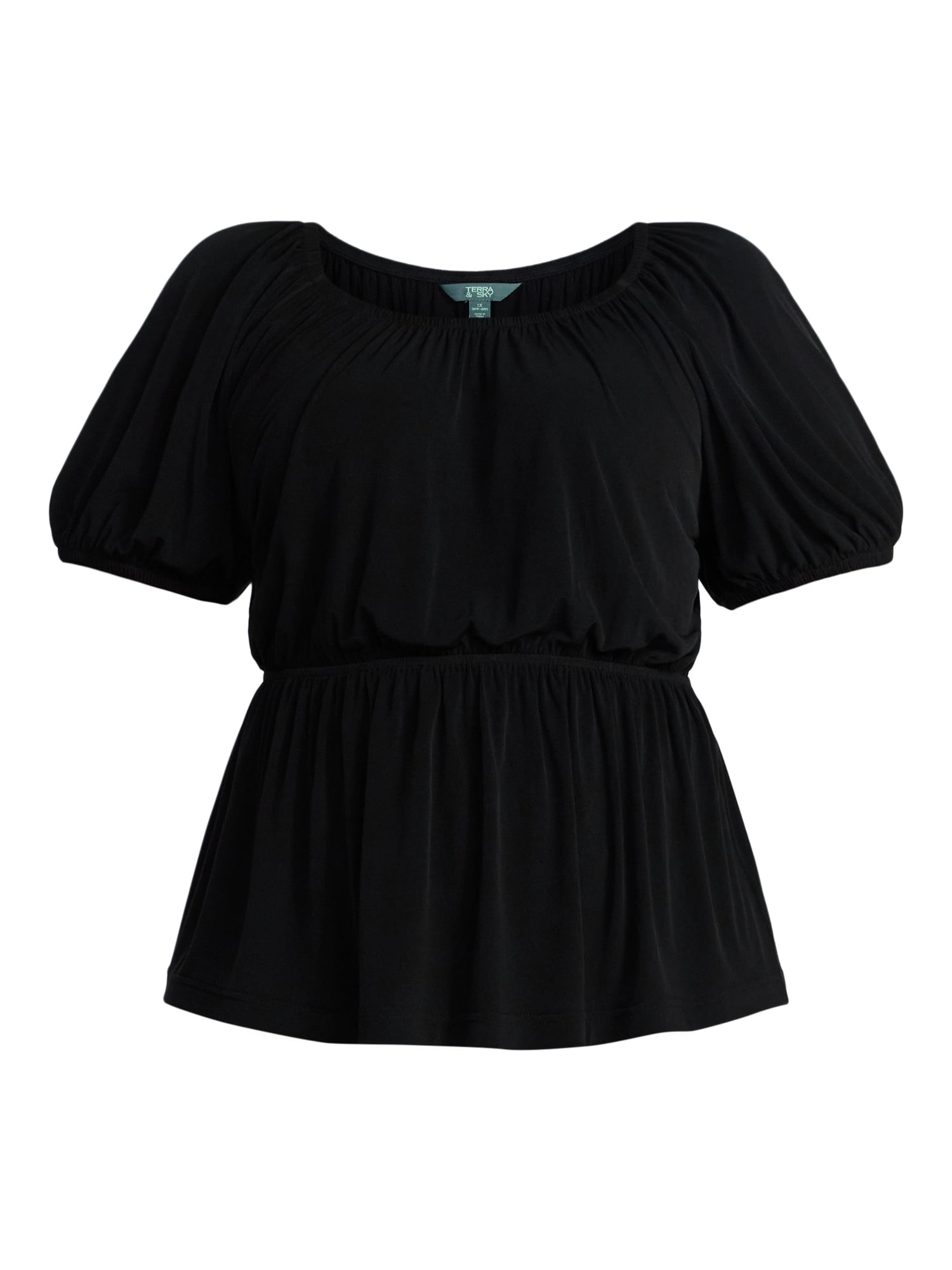 Terra & Sky Women's Peplum Top with Short Puff Sleeves, Sizes 0X-5X