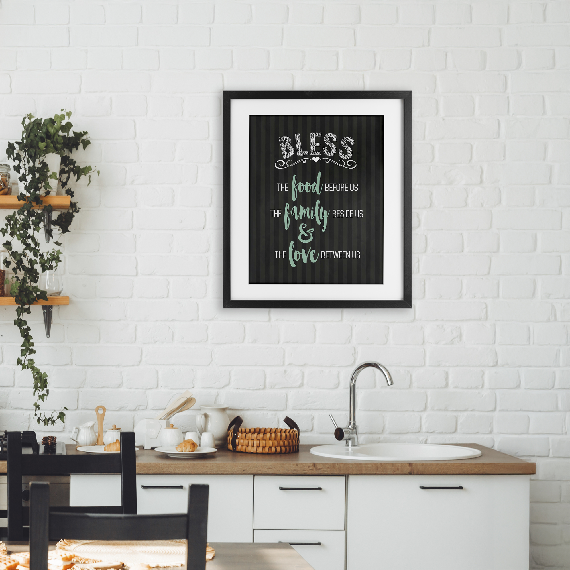 Bless The Food Family & Love Black Framed Print Under Glass, design by Lettered and Lined