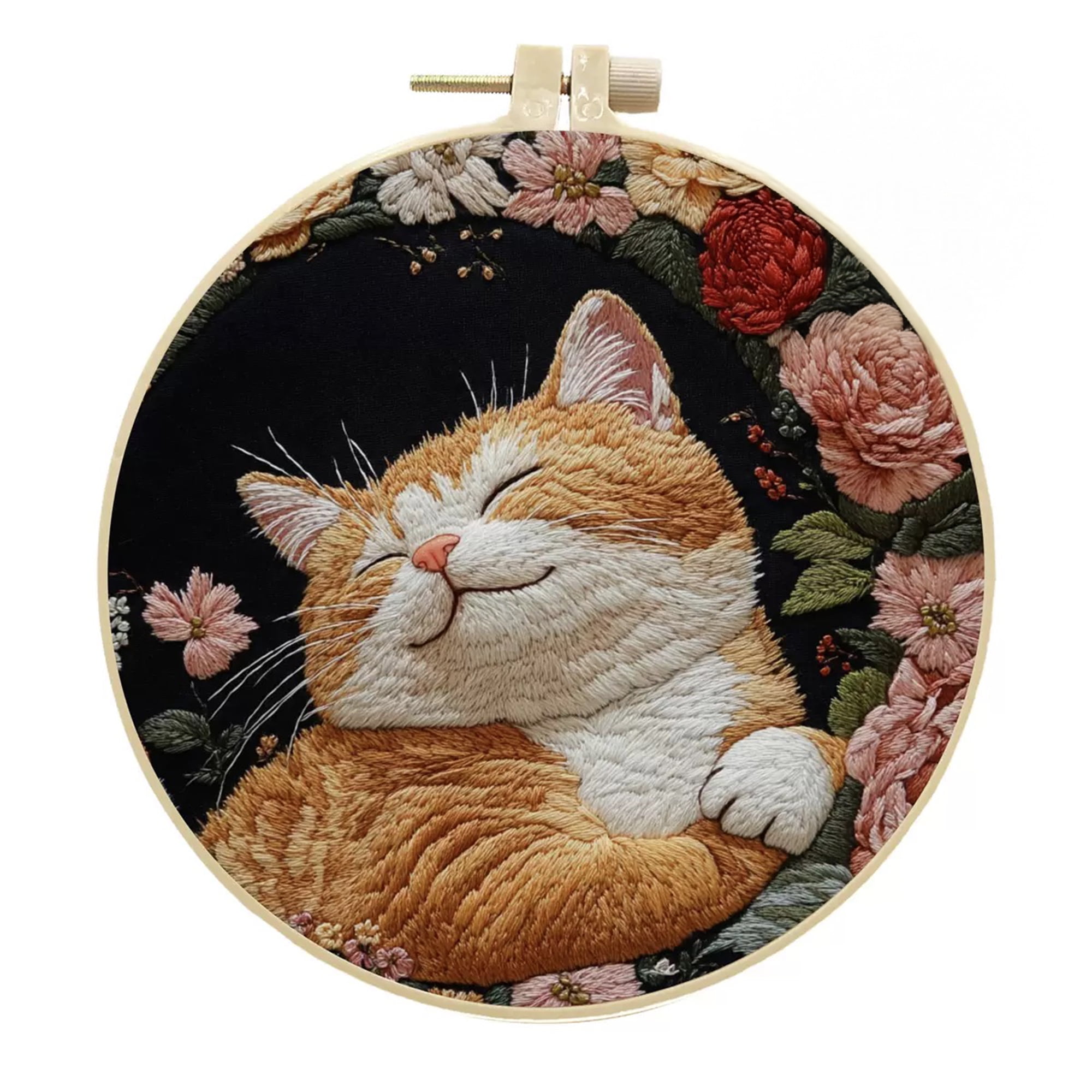 4 Pack Orange Cat Embroidery Kits for Adults Beginners Realistic Sleeping Tabby Floral Needlepoint DIY Hoop Art Craft Set